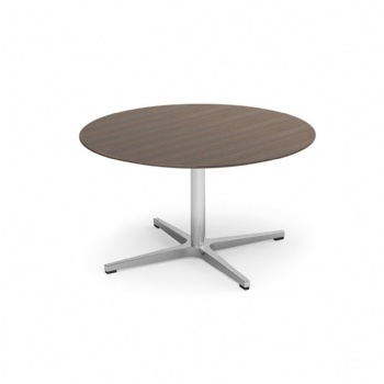 walnut color round top end tables with metal pedestal for sale