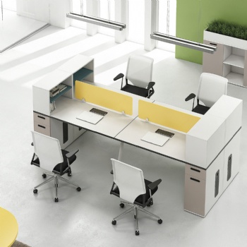 open workstation and panel desktop with side filing cabinets